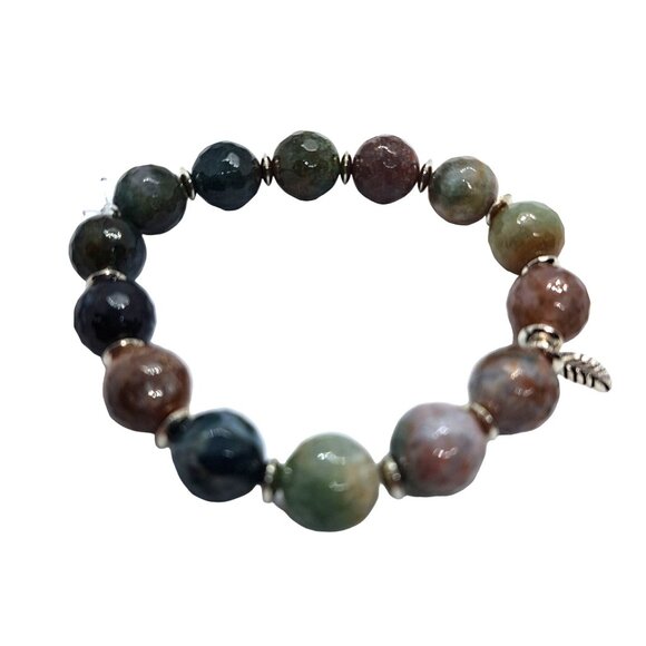 Jasper beaded stretch bracelet green leaf charm - Picture 2 of 2